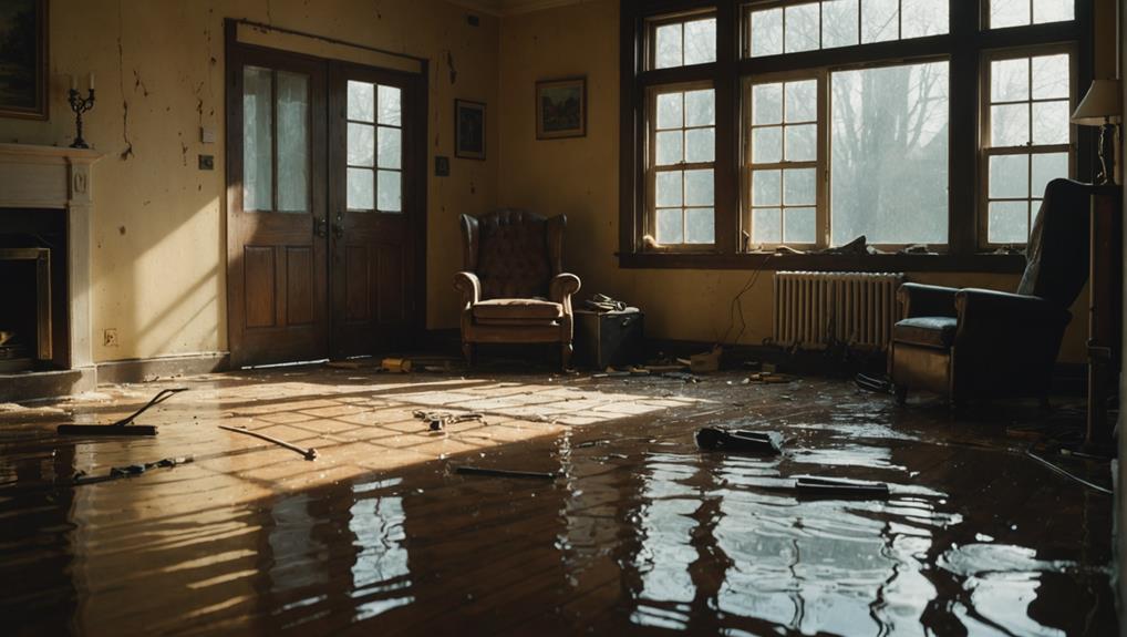 Flooded living room with standing water on hardwood floors, peeling walls, and scattered debris—visual example of water damage leading to mold risk, critical for mold remediation services.