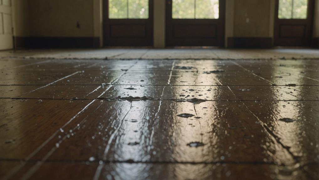 Wet wooden floor with water pooling and surface damage, highlighting moisture-related mold risk and the need for professional mold remediation services.