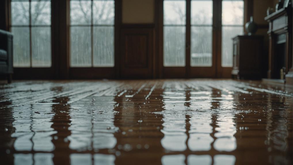 Wet wooden floor with rain reflections, illustrating moisture buildup that creates ideal conditions for mold growth—relevant to mold remediation services.